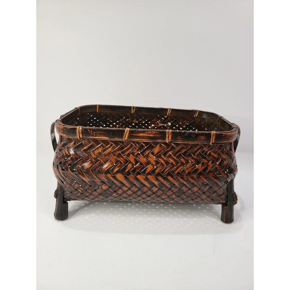 Vintage Woven Bamboo Footed Basket Dark Brown Rectangular Decorative Storage 9x5